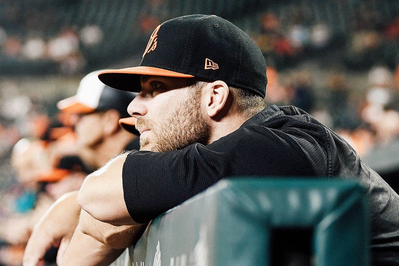 Chris Davis of the Baltimore Orioles watches the game during the second inning against the Houston Astros at Oriole Park at Camden Yards on Sept. 28.